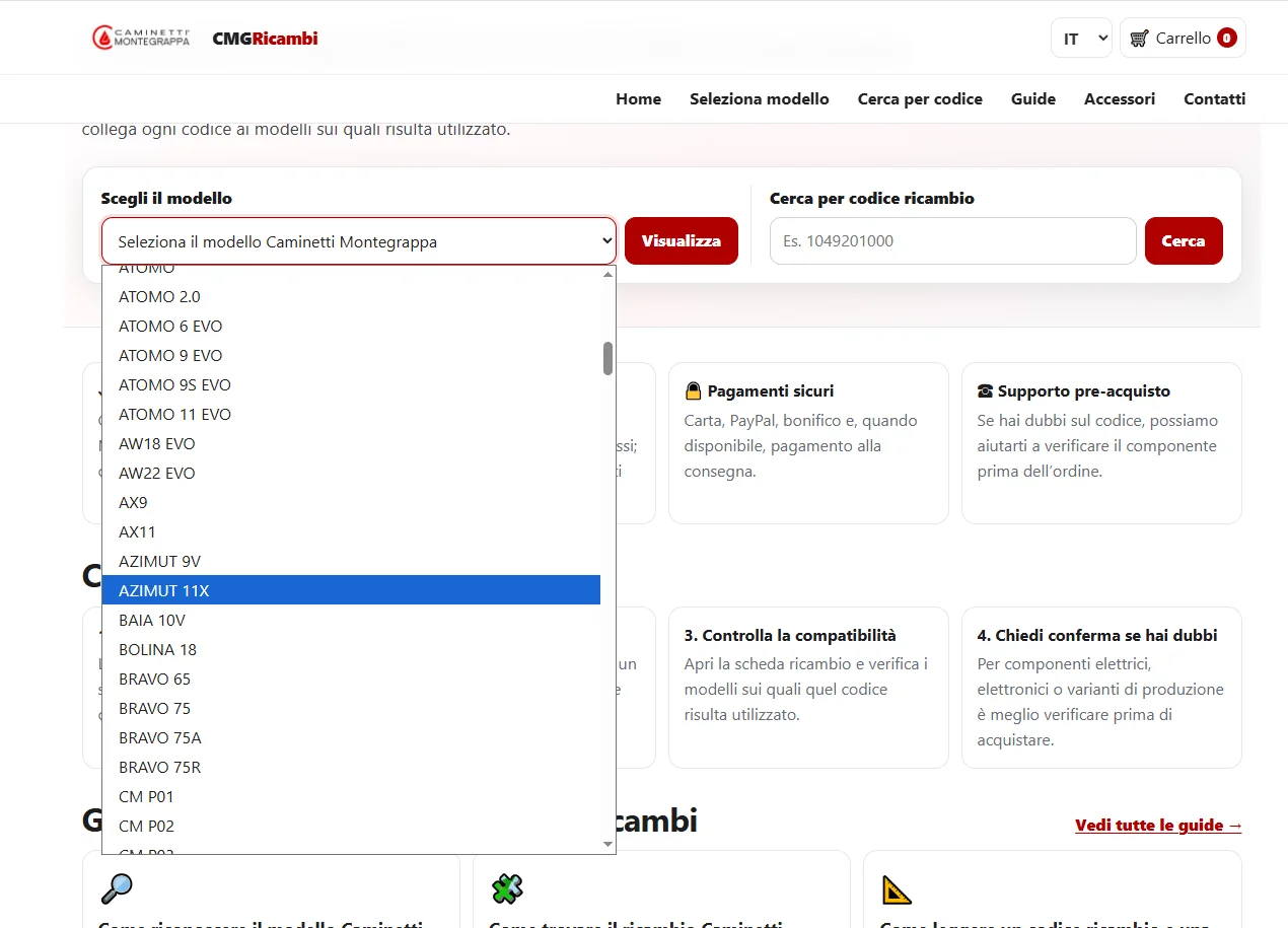 Selezione modello e ricerca codice su CMGRicambi.com
