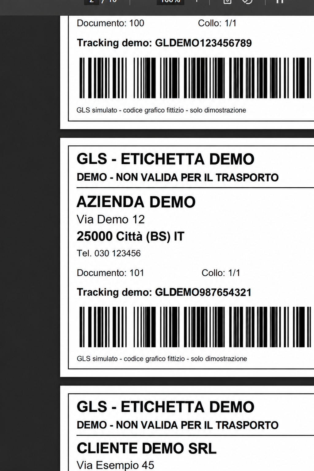 Etichette GLS demo anonimizzate generate dal flusso di preparazione spedizioni