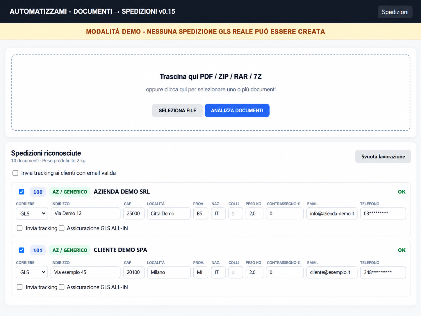 Interfaccia demo anonimizzata del software che riconosce le spedizioni GLS da documenti PDF